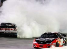 Kyle Busch drives by Brad Keselowski after the two made contact in Turn 4 of Lap 218. Busch won for the 10th time of the season, tying the NASCAR Nationwide Series record held by Sam Ard and Busch (in 2008). Credit: Geoff Burke/Getty Images for NASCAR